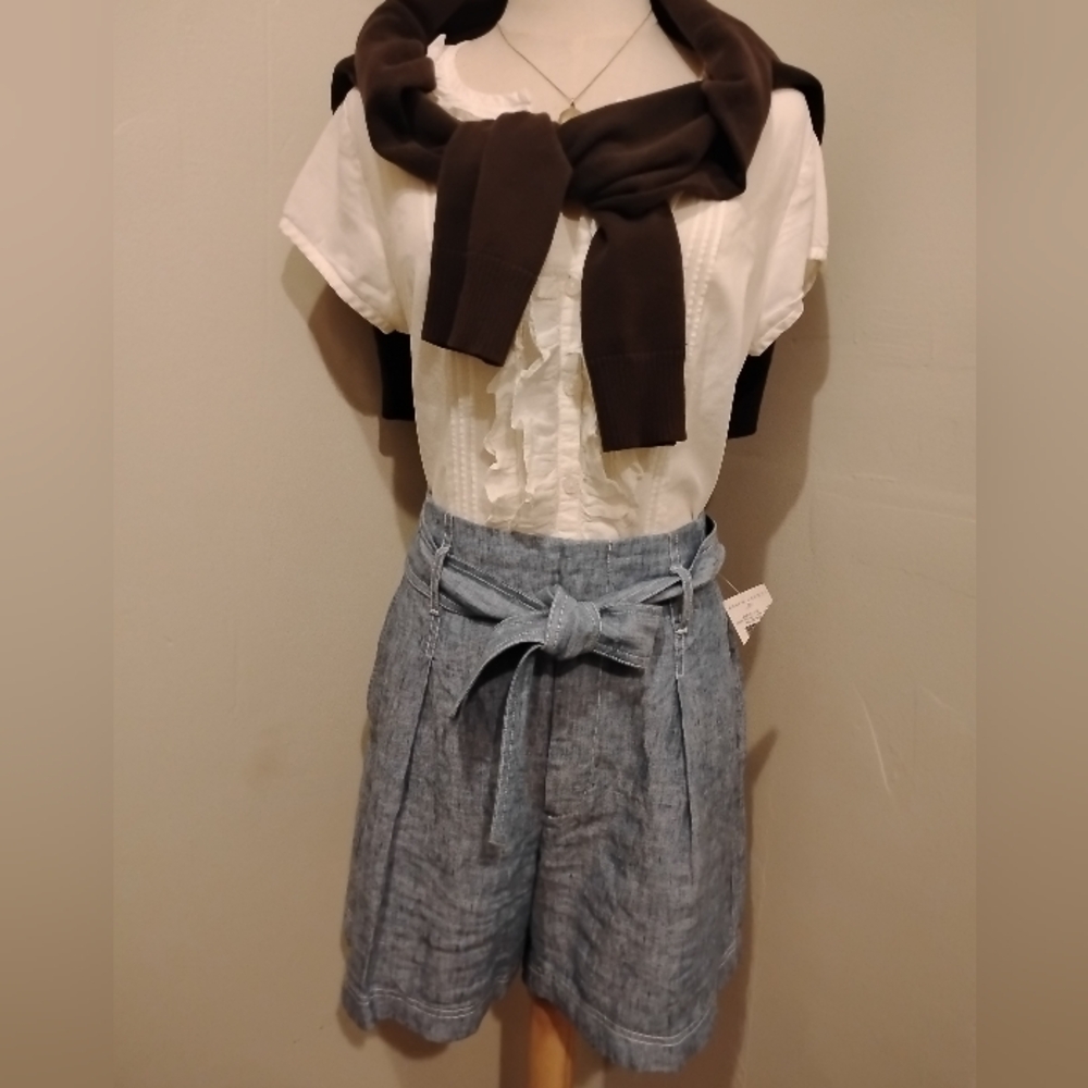 Ralph Lauren Linen Chambray Tie Belt High Waist Shorts 4 Preppy Old Money Modest